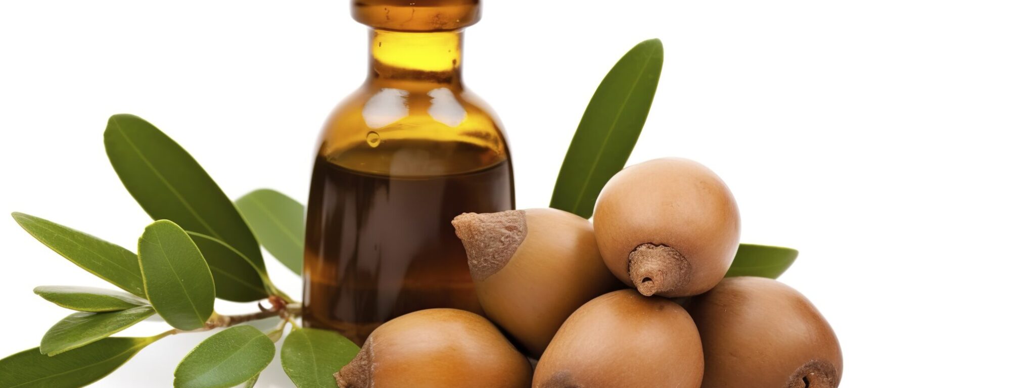 argan seeds isolated on a white banner background. argan oil nuts with plant. cosmetics and natural oils background, generate ai